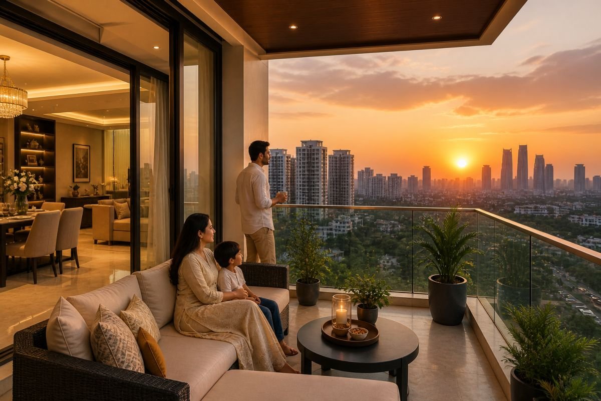 family living in luxury apartment Gurgaon balcony sunset premium lifestyle