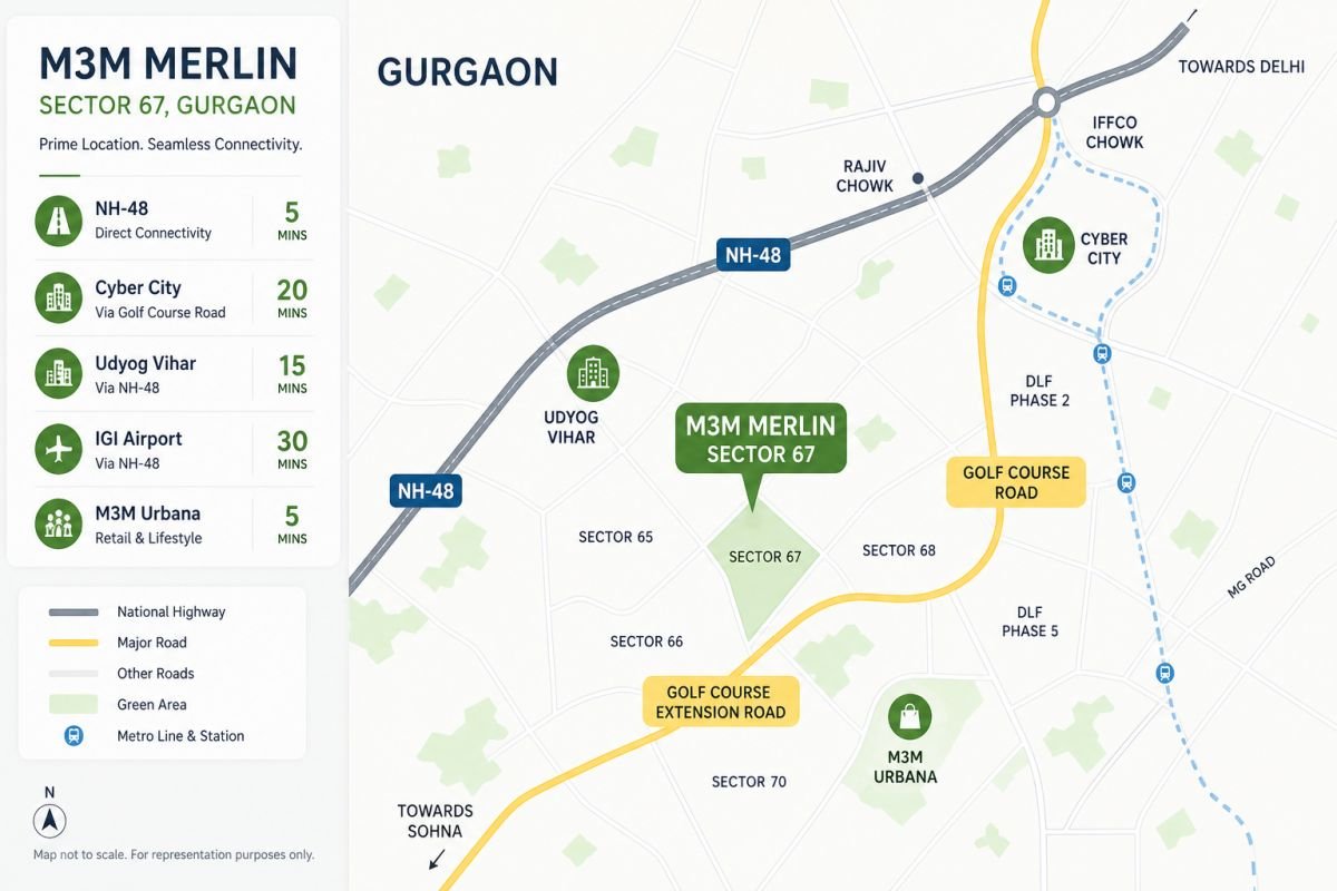 M3M Merlin location map Sector 67 Gurgaon Golf Course Extension Road NH48 connectivity