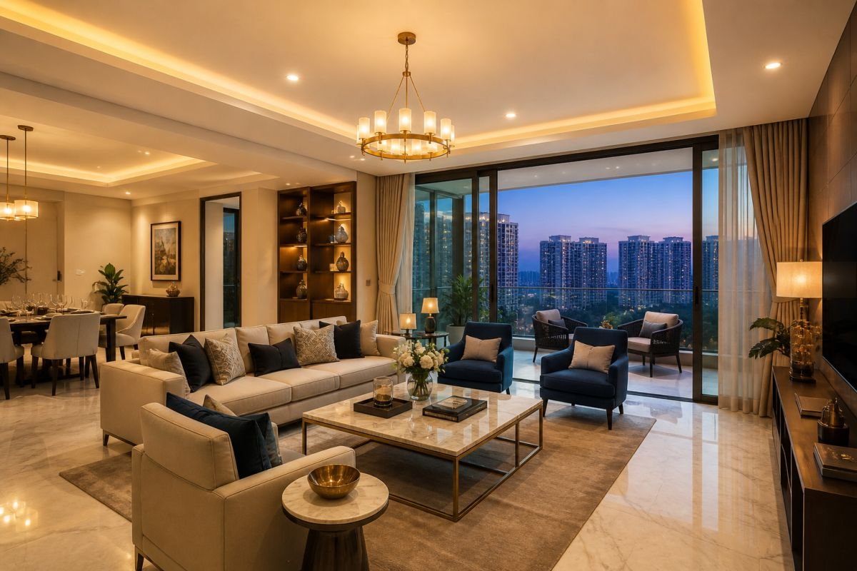 M3M Merlin luxury apartment interior Gurgaon marble flooring and balcony view
