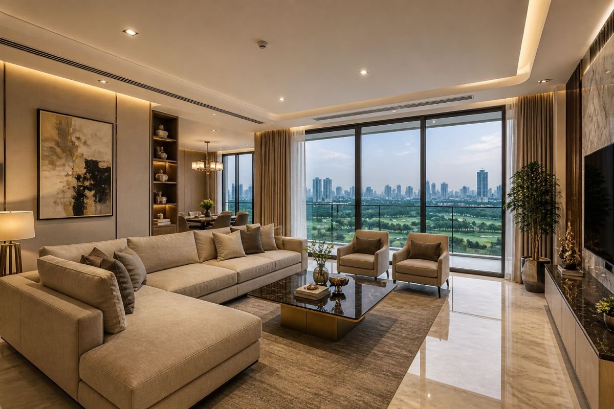 M3M Panorama 3BHK luxury apartment interior living room Gurgaon