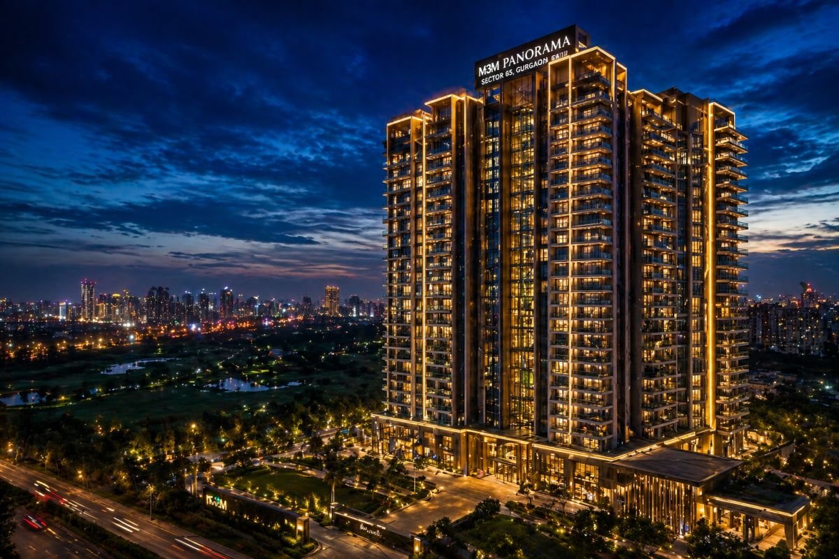 M3M Panorama Gurgaon night view high rise luxury tower lighting