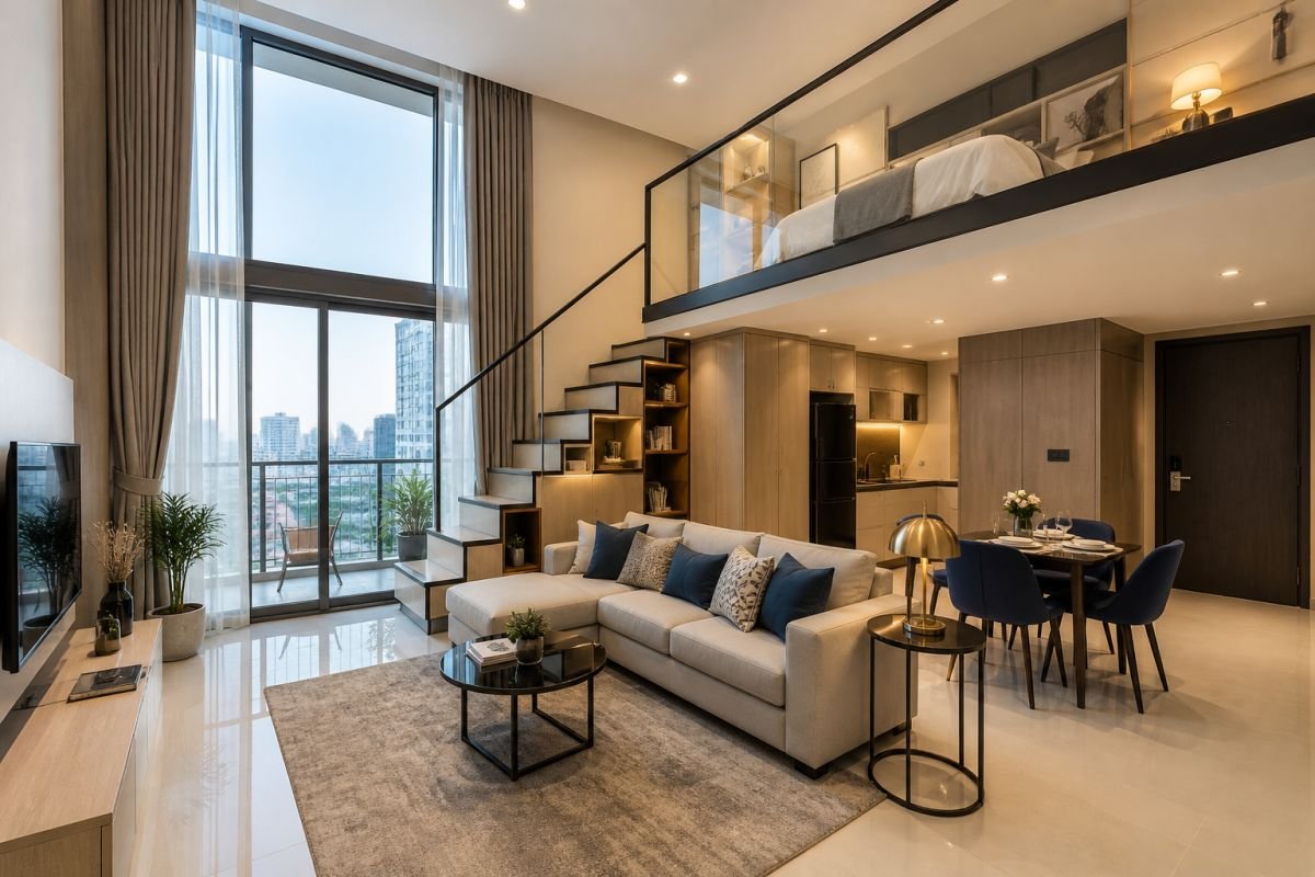 fully furnished double height studio apartment interior M3M Sky Lofts Gurgaon