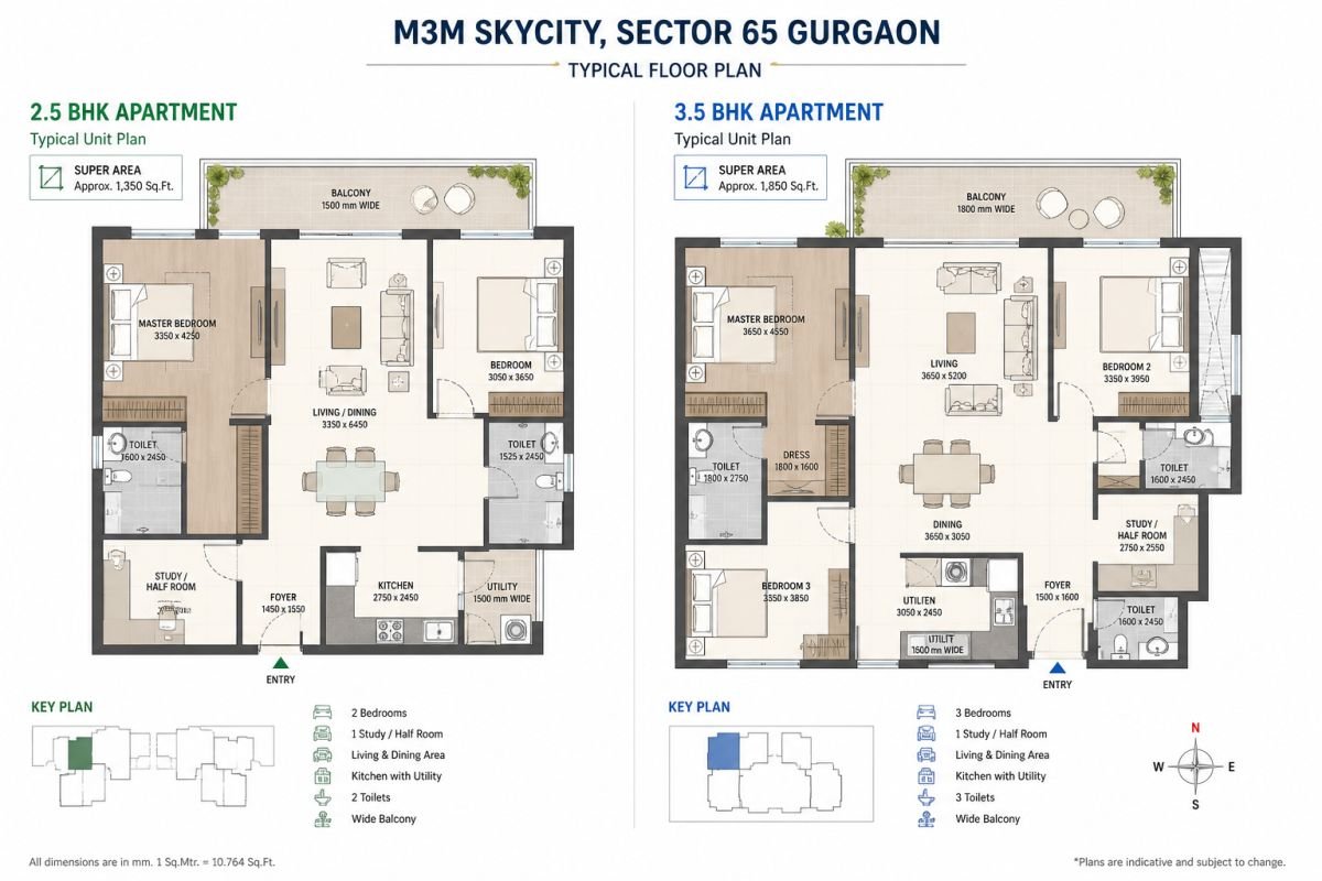 M3M Skycity floor plan 2.5 BHK and 3.5 BHK layout Gurgaon