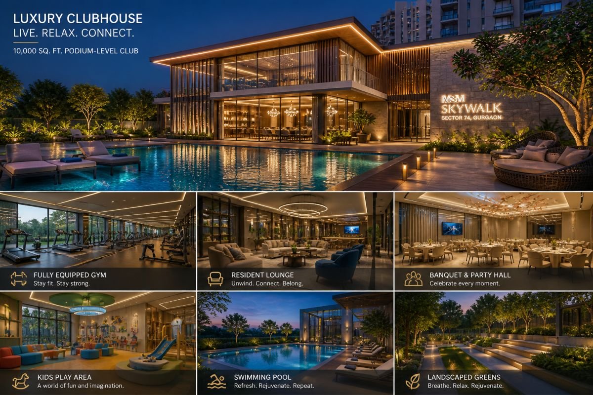 M3M Skywalk clubhouse amenities 10000 sq ft podium level facilities