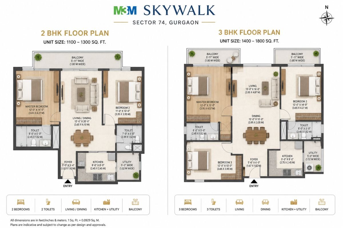 M3M Skywalk Sector 74 2 BHK and 3 BHK floor plan layout