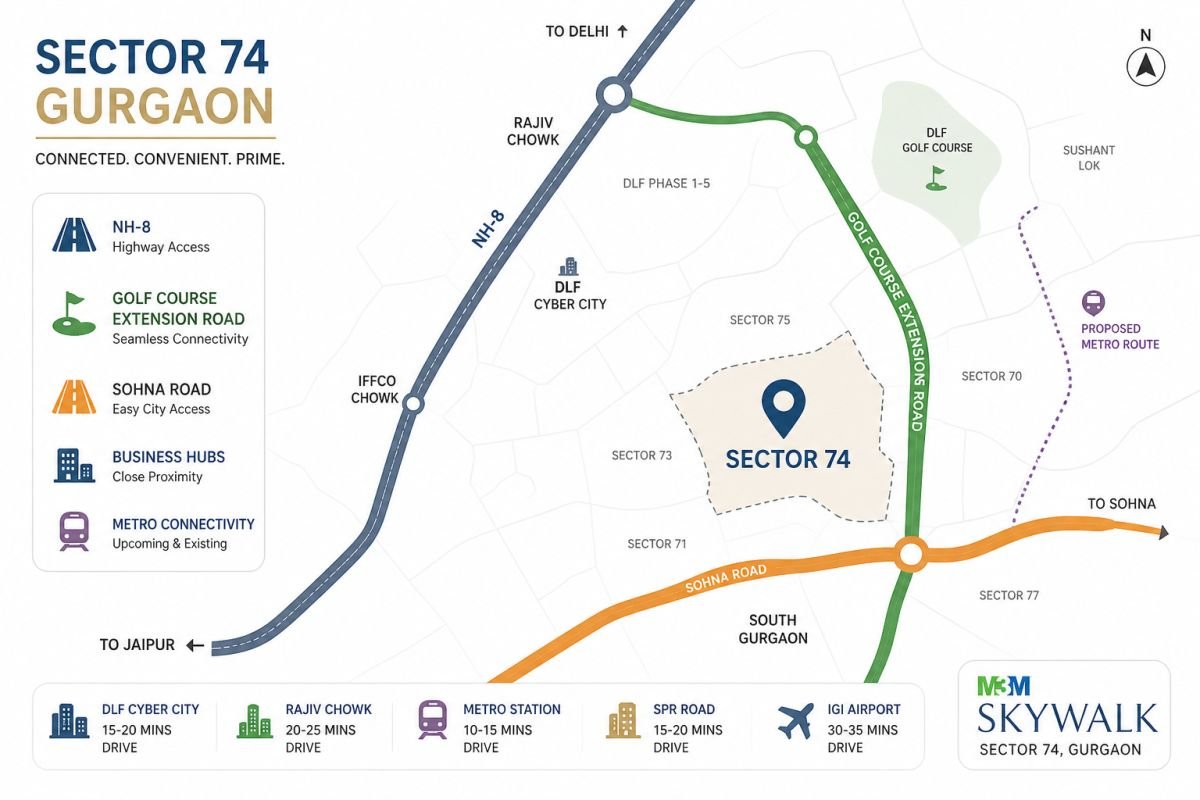 Sector 74 Gurgaon location map showing NH-8 and Golf Course Extension Road connectivity