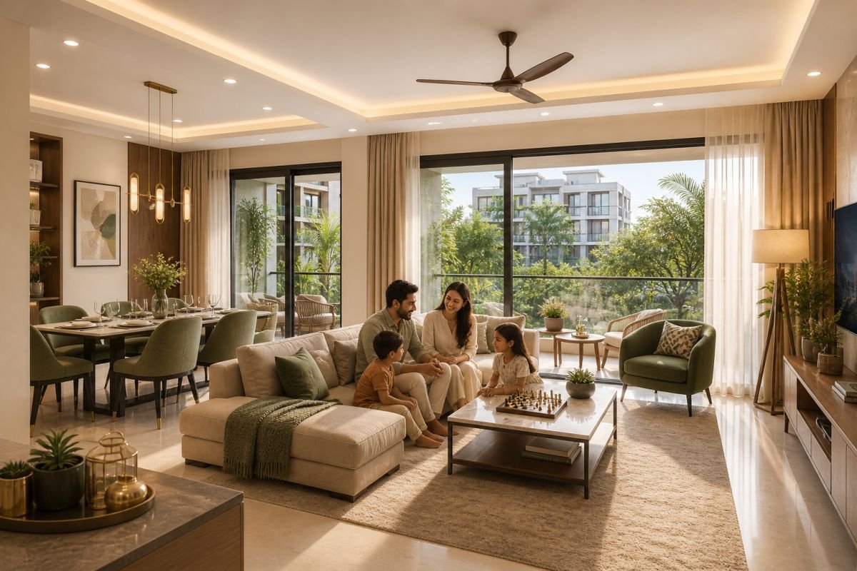 modern low rise apartment interior Gurgaon natural light balcony