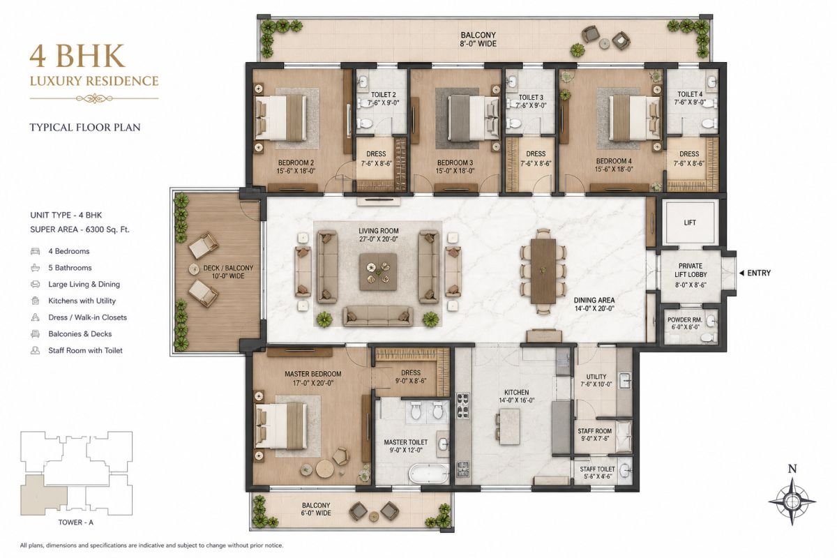 M3M St Andrews 4 BHK floor plan 6300 to 6500 sq ft 3 side open layout