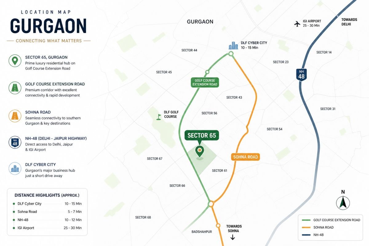 Sector 65 Gurgaon location map Golf Course Extension Road Sohna Road NH48 Cyber City connectivity