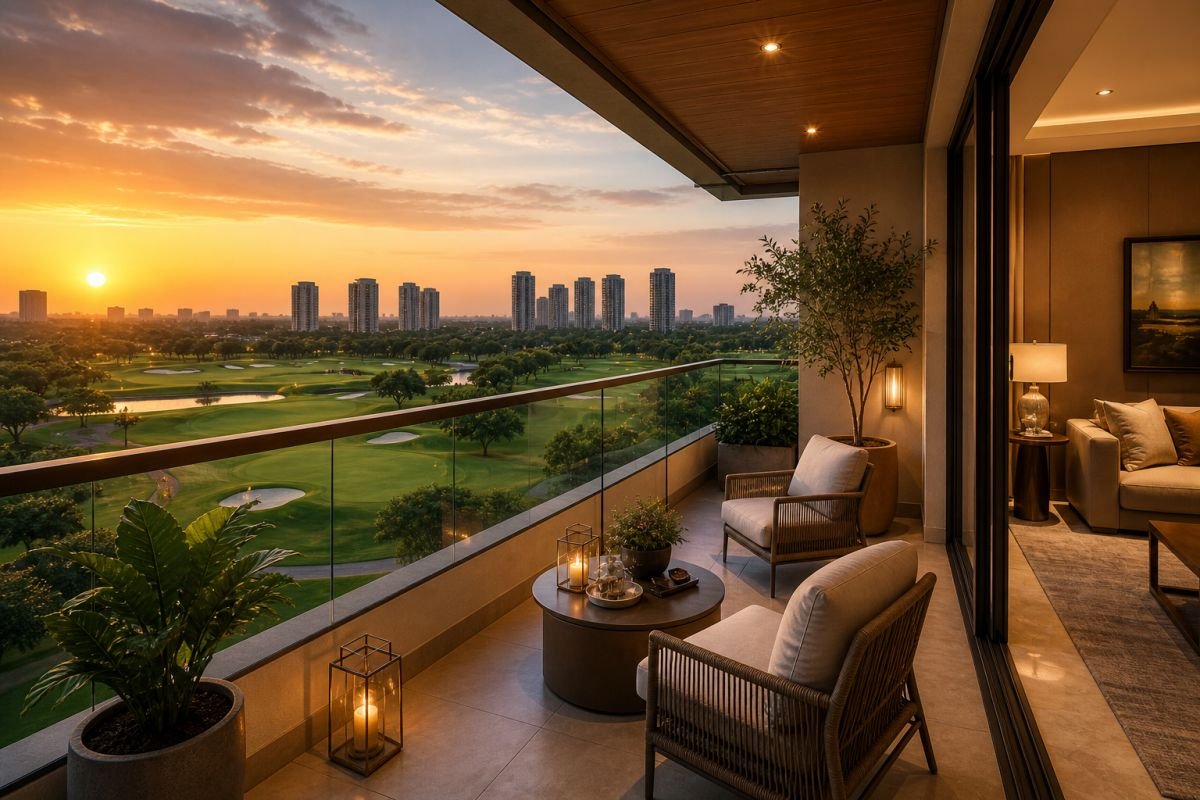 Luxury apartment balcony golf view sunset lifestyle M3M St Andrews Gurgaon