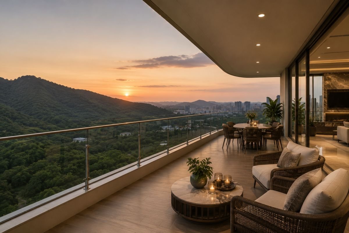 Wrap-around balcony with Aravalli views at Mahindra Luminare