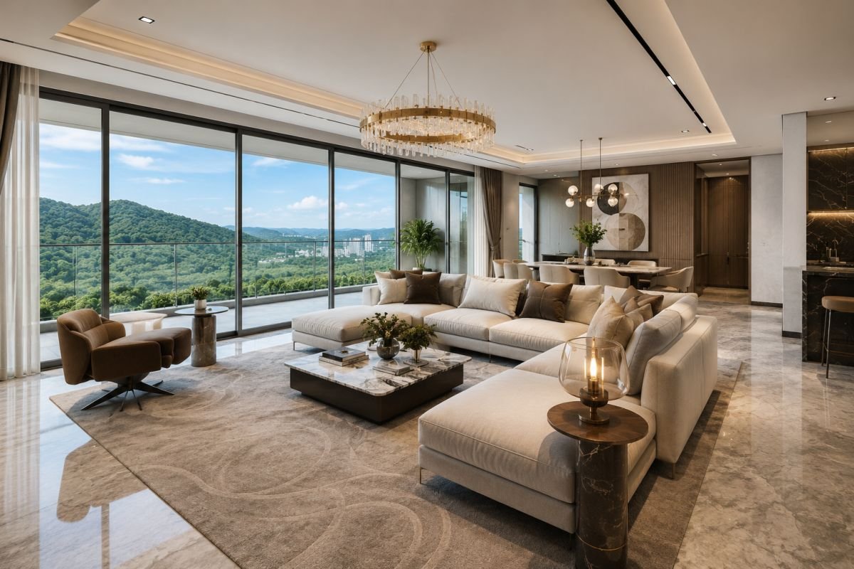 Spacious living room inside Mahindra Luminare Gurgaon apartment