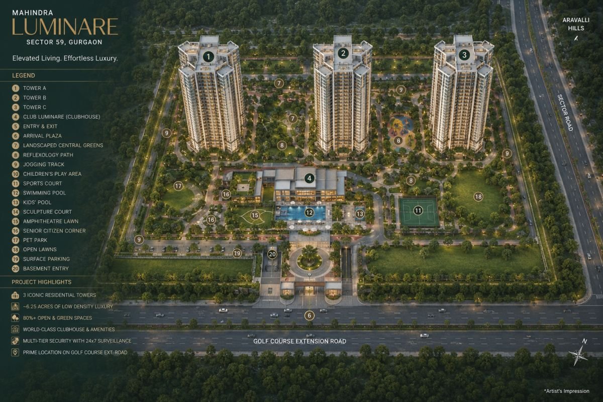 Mahindra Luminare master plan with towers and open spaces