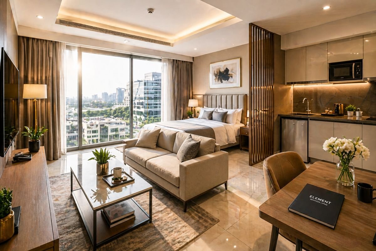 Serviced apartment interior Gurgaon modern furnished studio