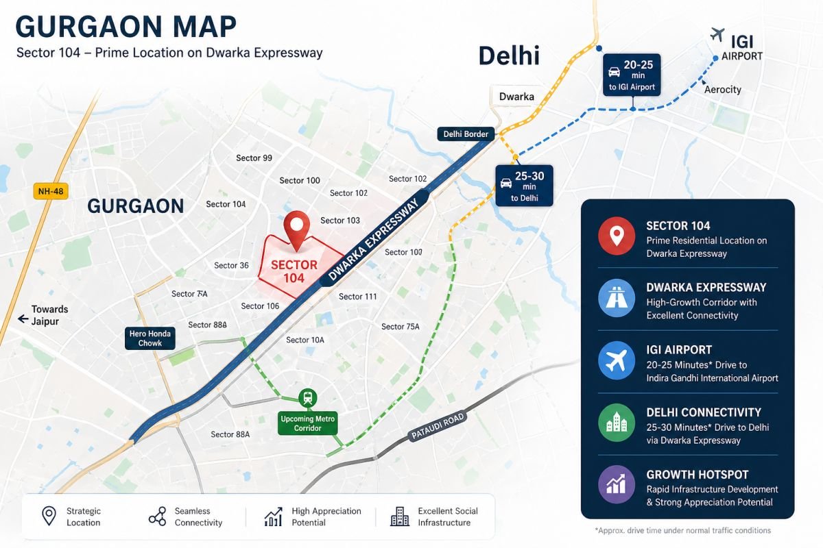 Sector 104 Gurgaon location map highlighting Dwarka Expressway and IGI Airport connectivity