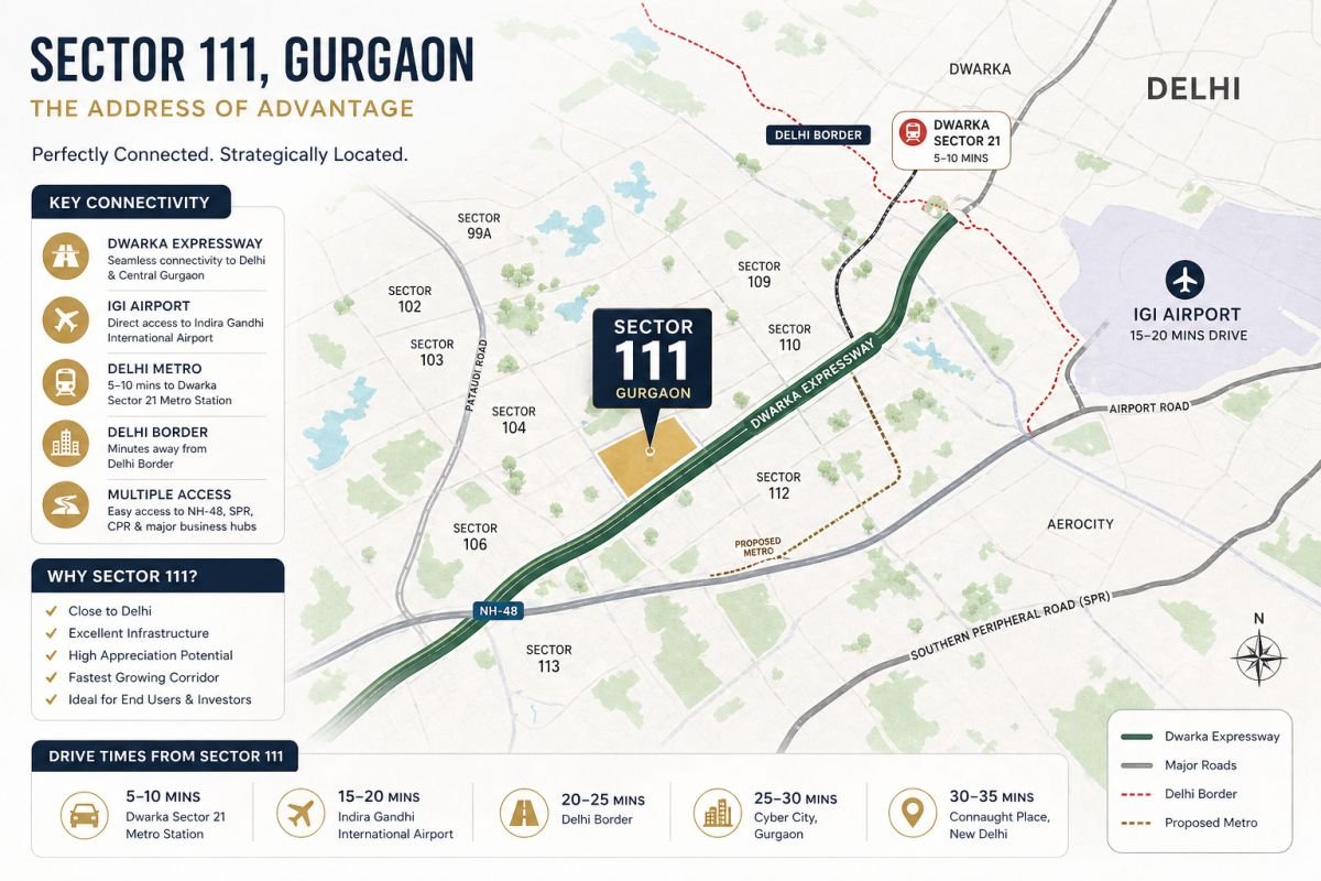 Sector 111 Gurgaon map showing Dwarka Expressway connectivity to IGI Airport and Delhi