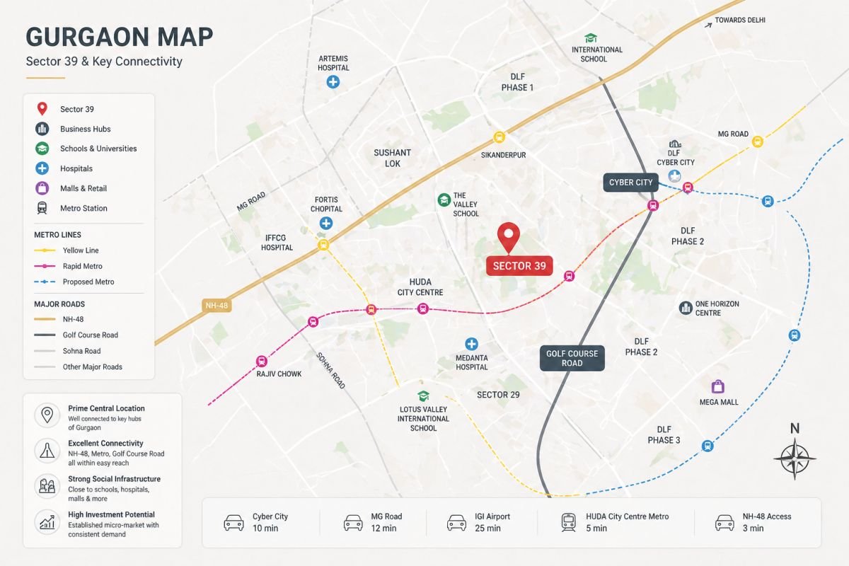 Sector 39 Gurgaon location map connectivity Cyber City NH48 metro