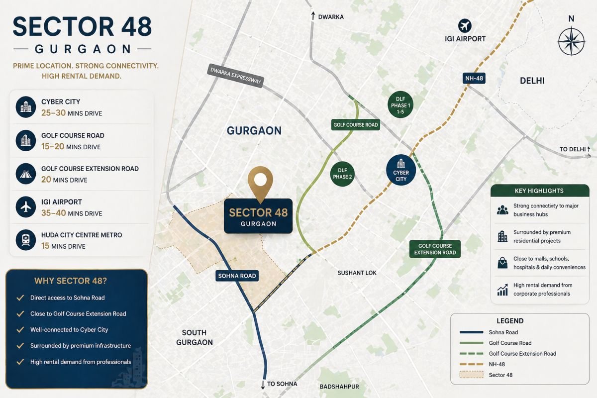 Sector 48 Gurgaon location map Sohna Road connectivity Cyber City