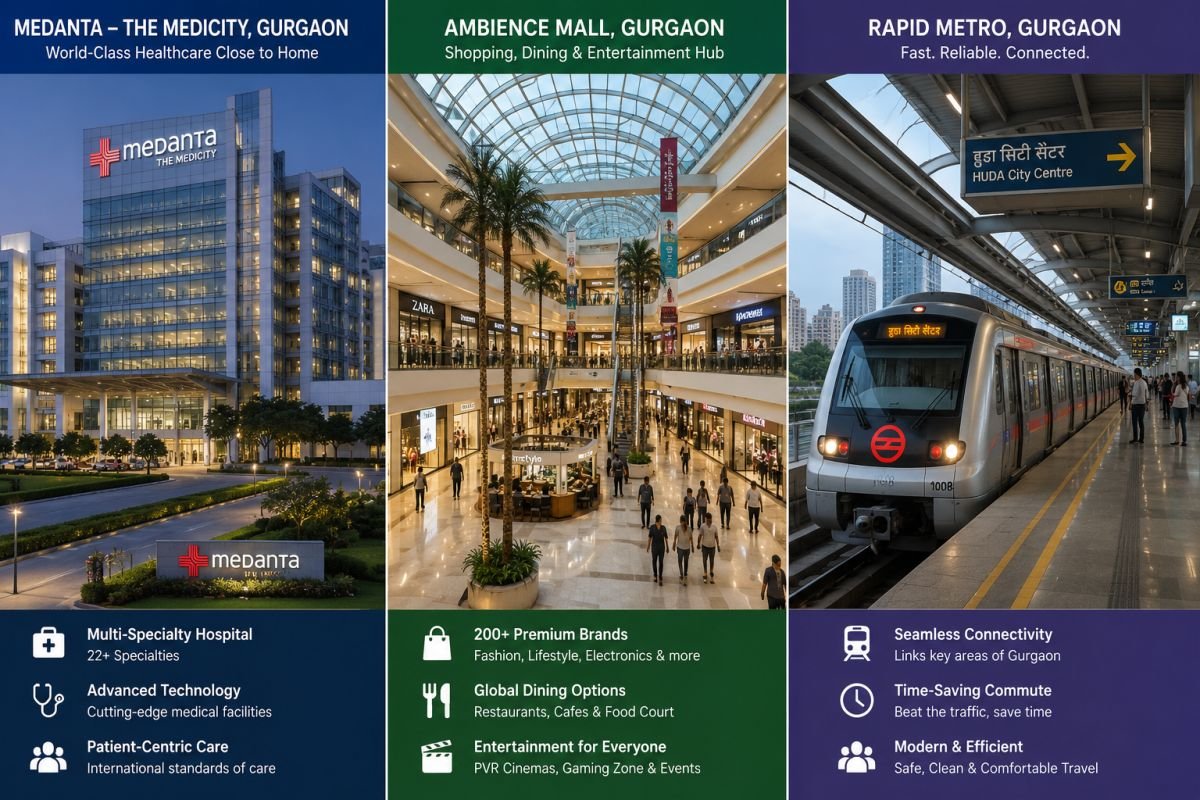 Medanta Hospital, Ambience Mall and Rapid Metro Gurgaon near Sector 62