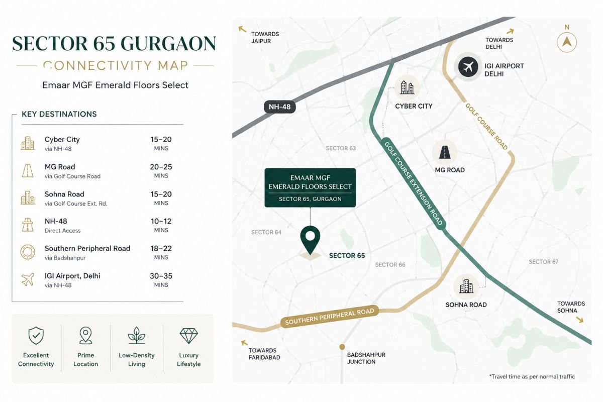 Sector 65 Gurgaon connectivity map showing Golf Course Extension Road and Cyber City access