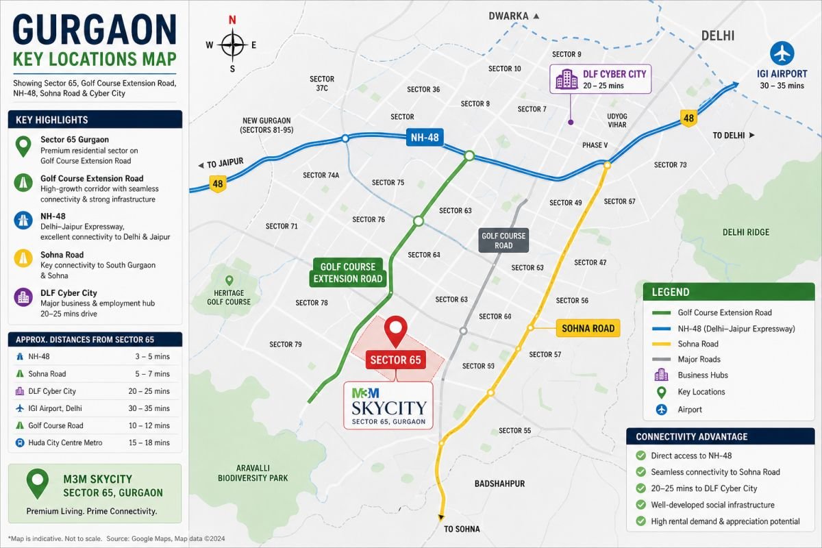 Sector 65 Gurgaon location map showing Golf Course Extension Road NH-48 Sohna Road connectivity