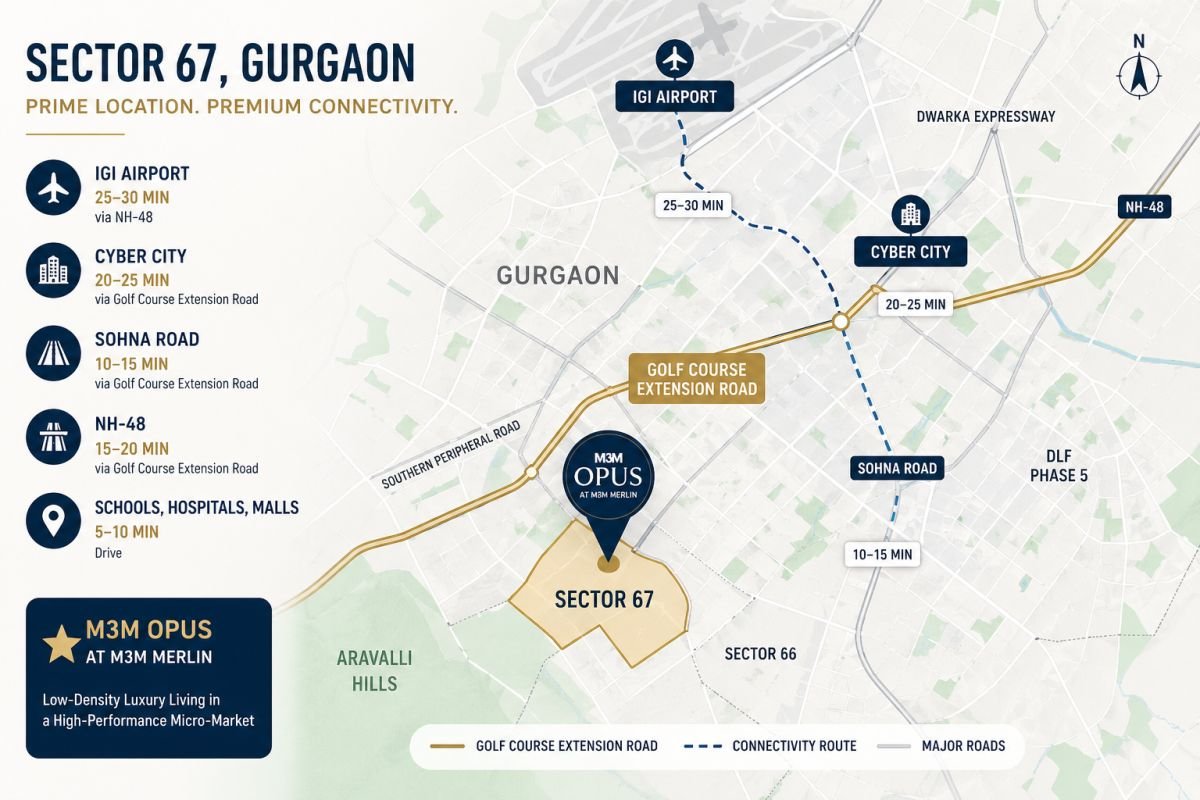 Sector 67 Gurgaon location map showing Golf Course Extension Road and IGI Airport connectivity