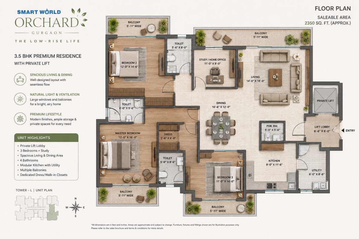 Smart World Orchard spacious 2 and 3 BHK floor layout