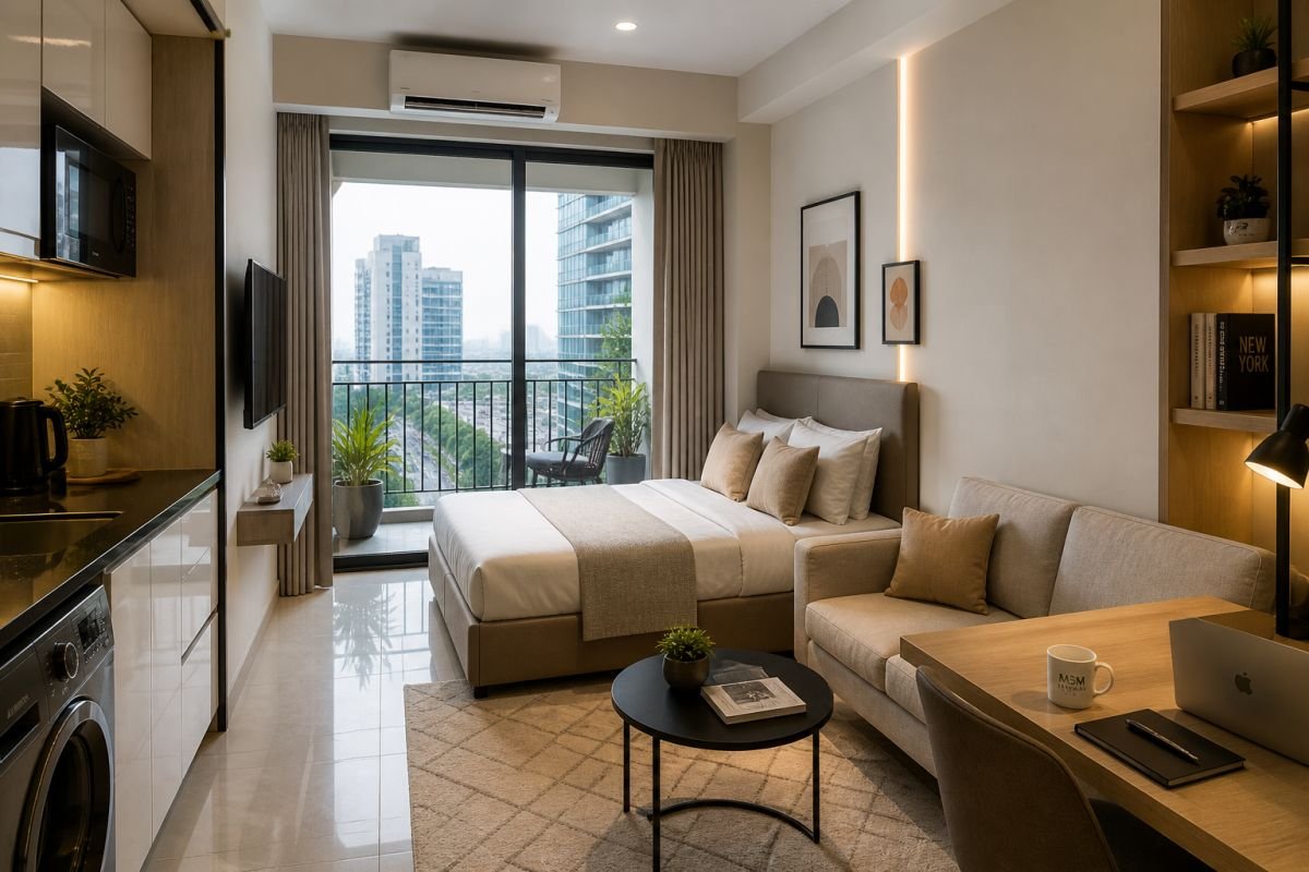 modern studio apartment interior Gurgaon compact furnished rental unit