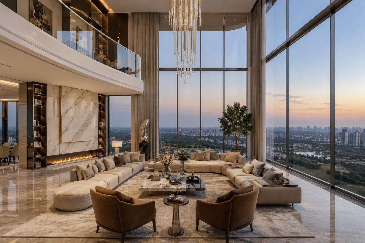 Double-height luxury living room at Trump Tower Gurgaon