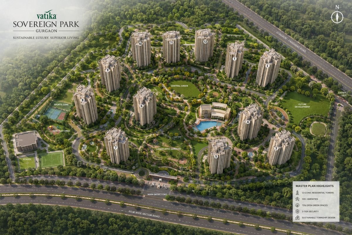 Vatika Sovereign Park master plan with open green spaces and towers