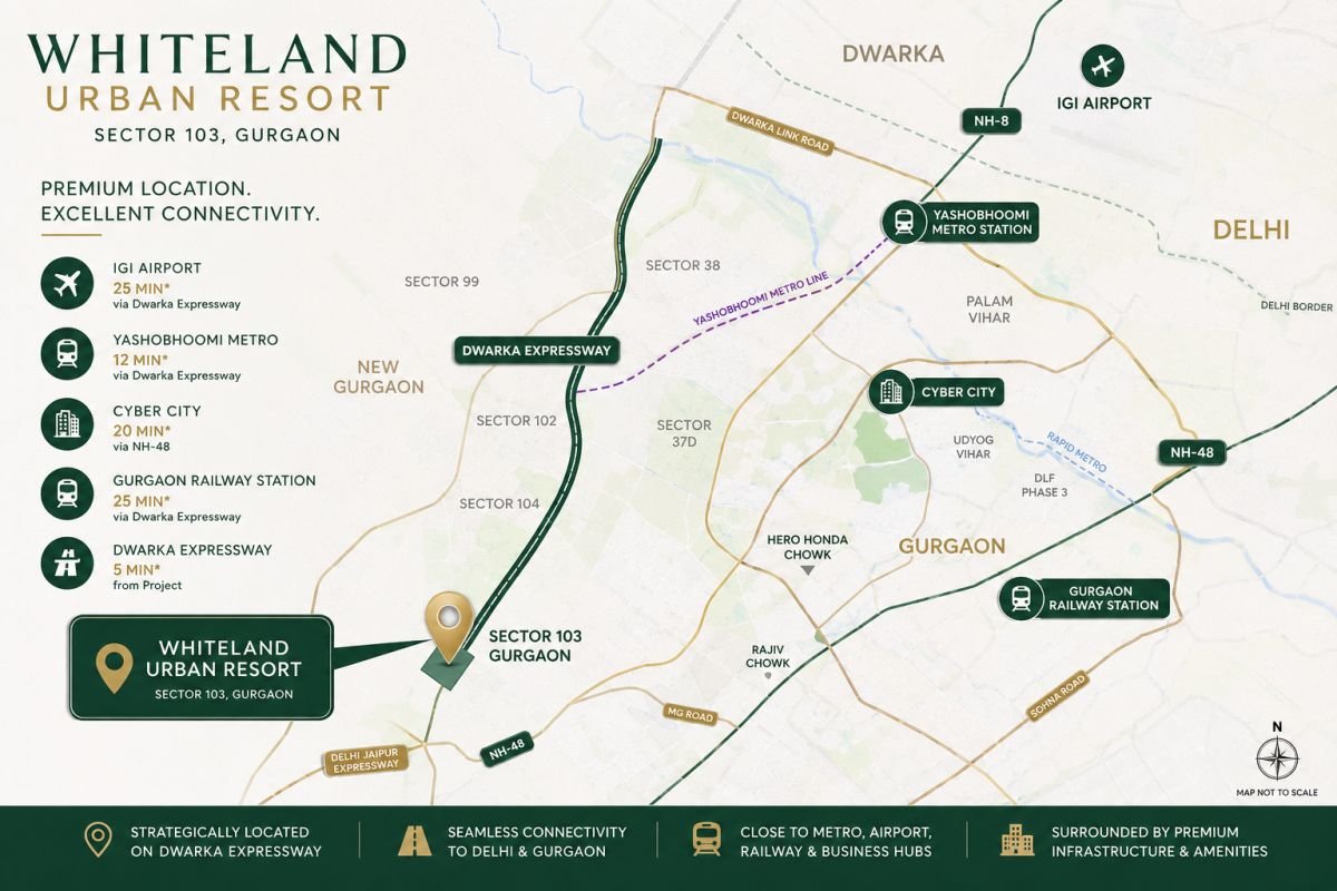 Whiteland Urban Resort location on Dwarka Expressway Gurgaon