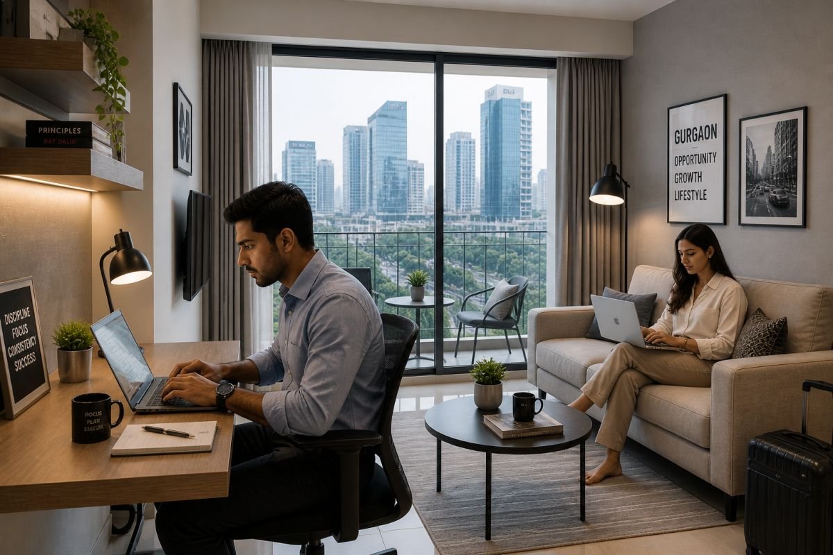 young professionals working laptop modern apartment Gurgaon lifestyle