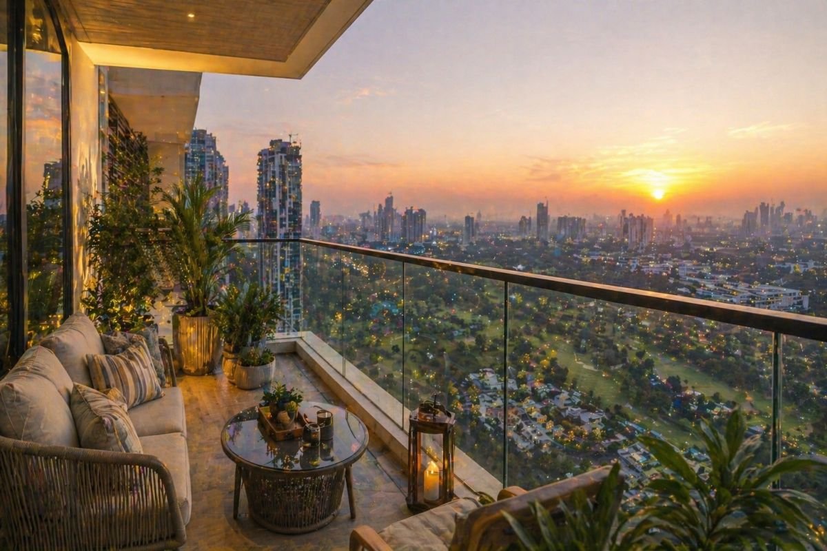Balcony view luxury apartment Gurgaon skyline Anant Raj Estate Residences