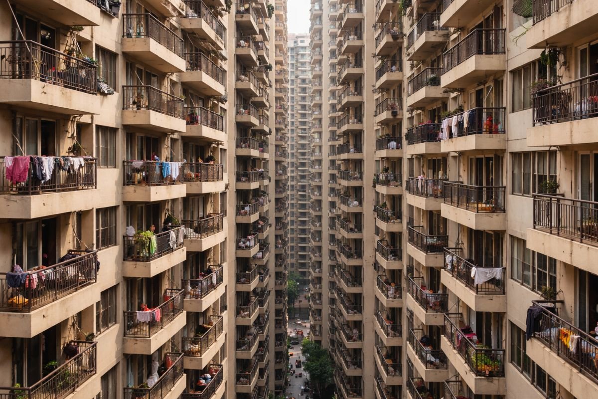 apartment towers with close spacing and facing balconies reducing privacy