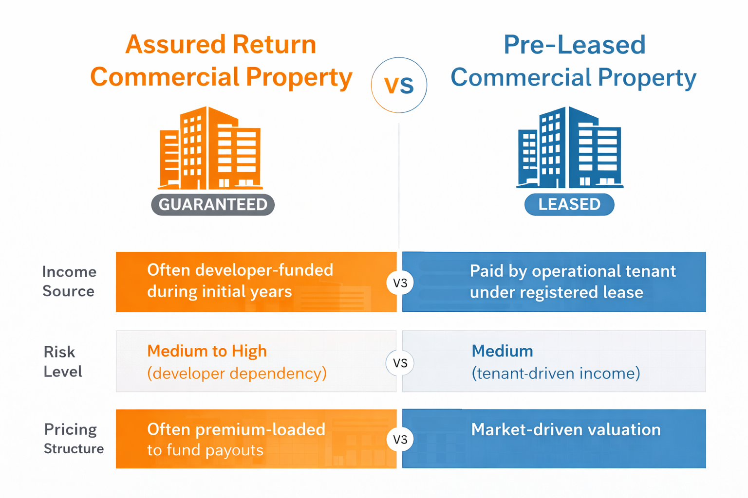 Assured return vs pre leased commercial property structure comparison in Gurgaon