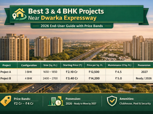 Best 3 and 4 BHK projects near Dwarka Expressway in 2026 with price bands, size comparison and maintenance details
