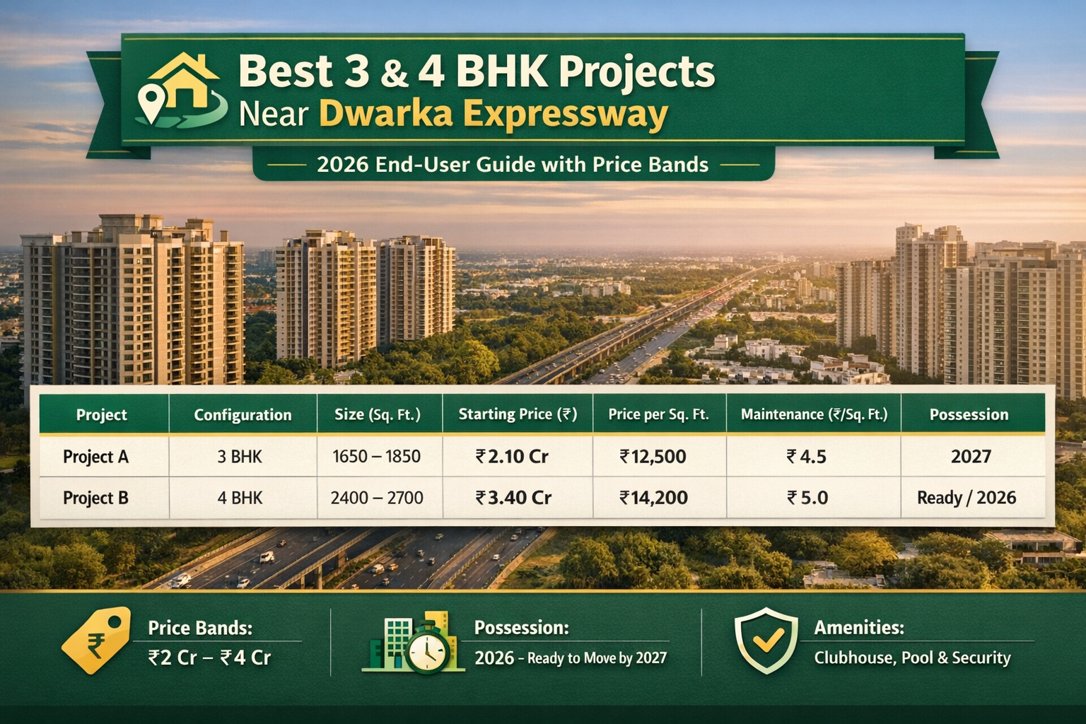 Best 3 and 4 BHK projects near Dwarka Expressway in 2026 with price bands, size comparison and maintenance details
