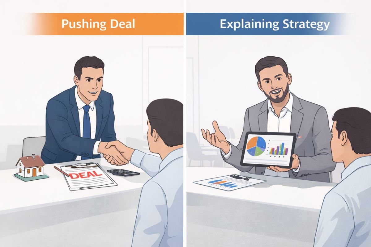 broker selling vs advisor consulting real estate comparison illustration