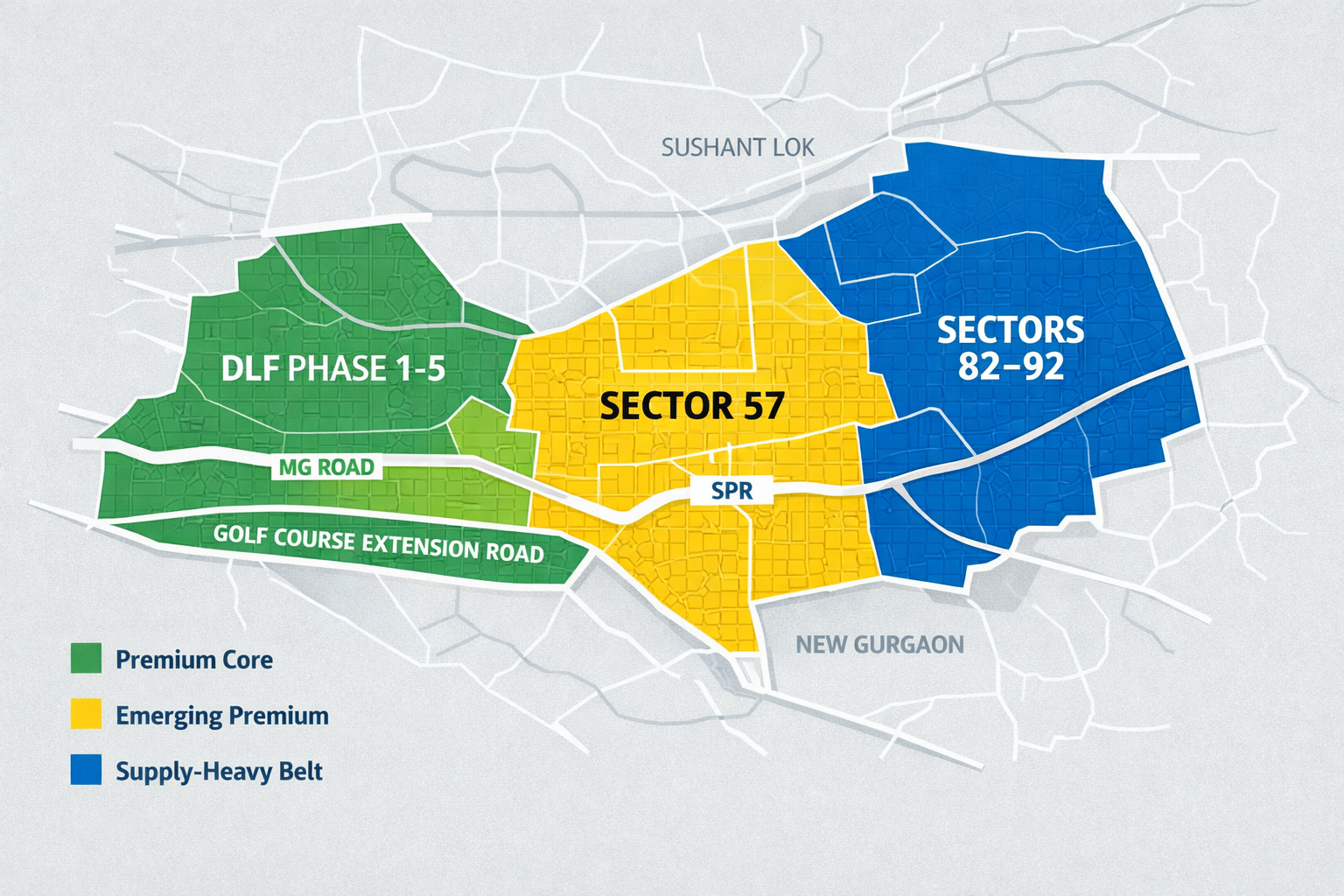 Map showing builder floor sectors in Gurgaon including DLF, Sector 57 and New Gurgaon
