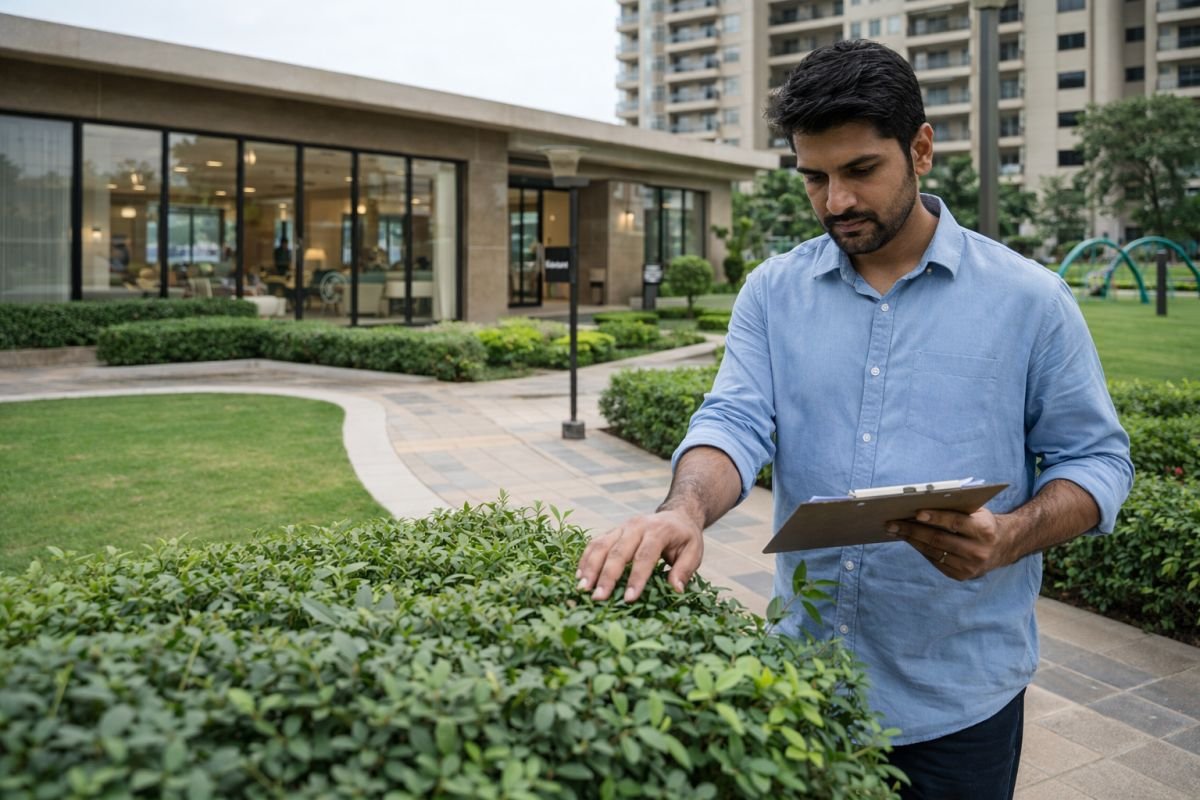 buyer inspecting residential project amenities maintenance quality open spaces