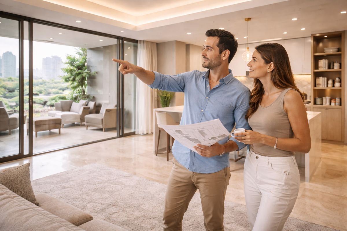 home buyer analysing apartment layout Gurgaon luxury property visit