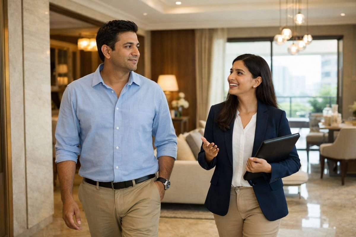 homebuyer evaluating branded residence project gurgaon luxury apartment site visit