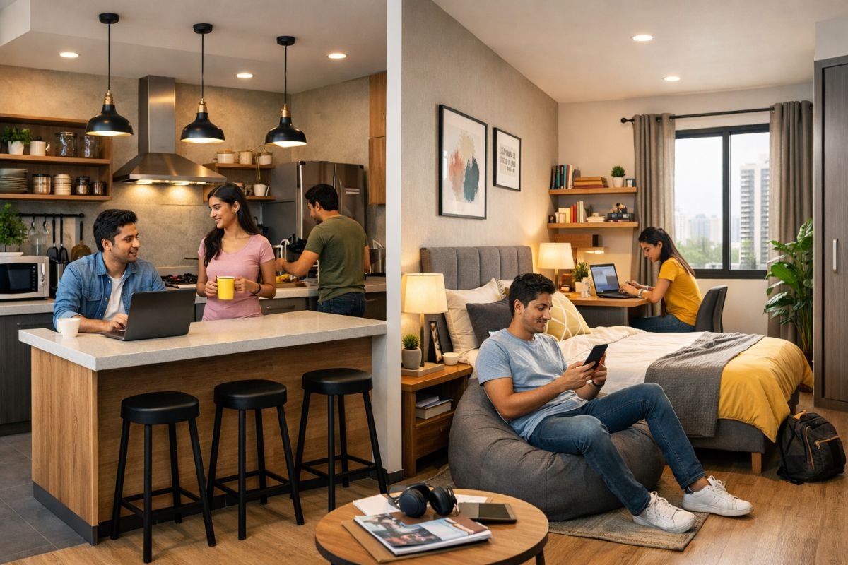 Fully furnished co-living apartment interior with shared kitchen and modern setup