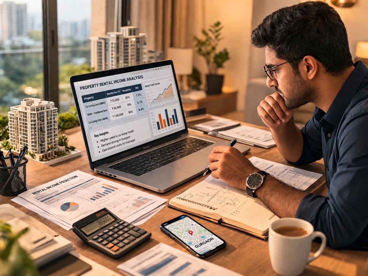 Investor analyzing rental yield and co-living income calculations