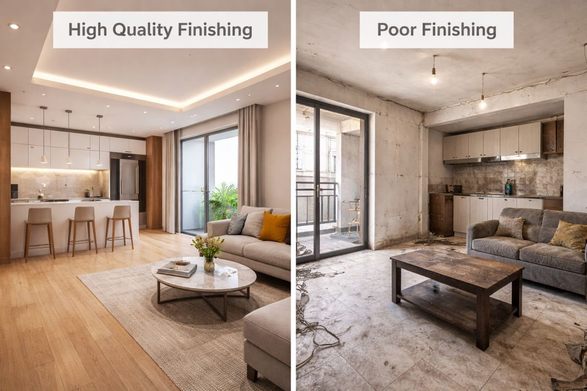 construction quality comparison good vs poor finishing apartments