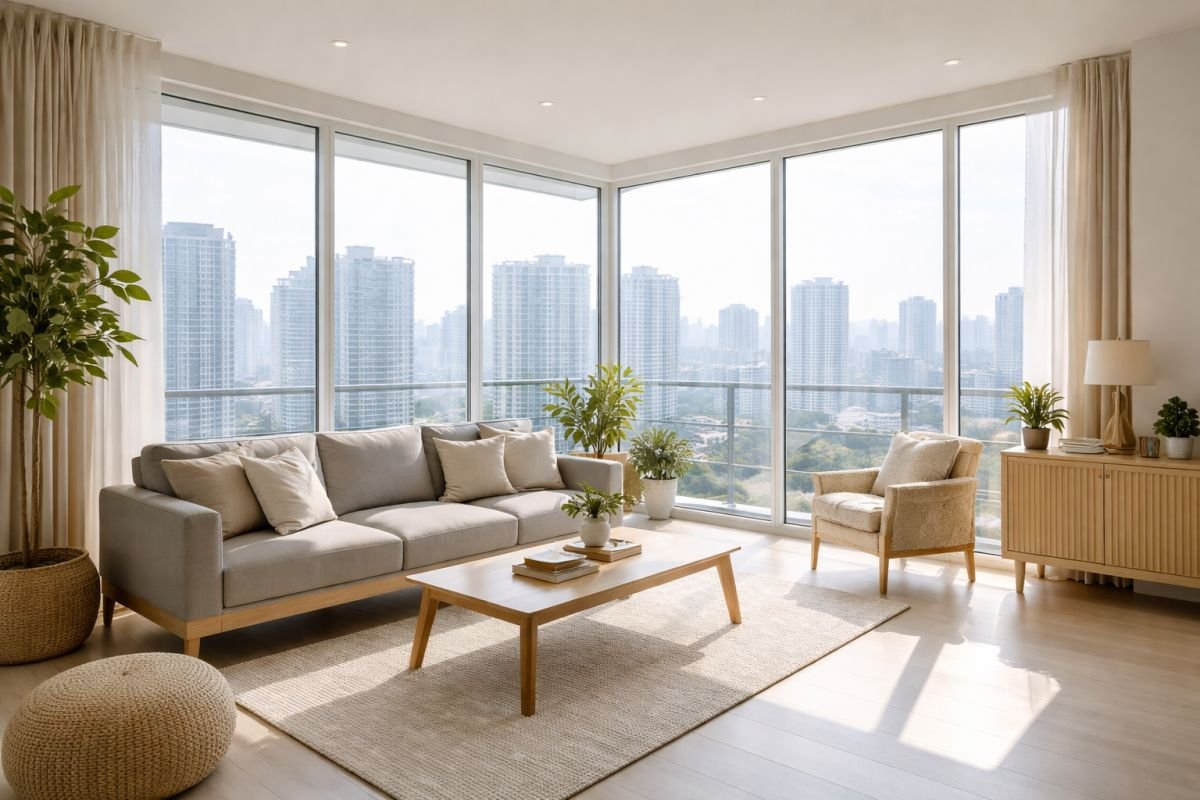 corner apartment with large windows natural light cross ventilation interior