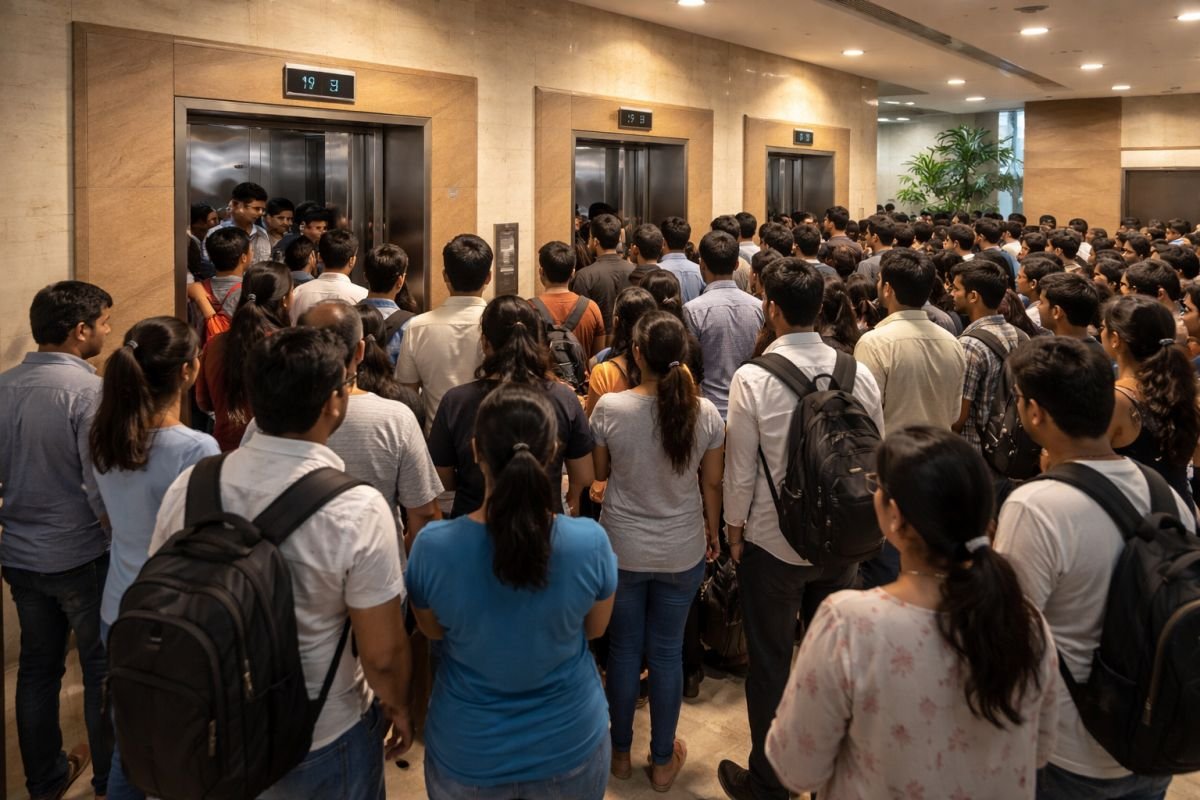 residents waiting for lift in crowded apartment lobby during peak hours india