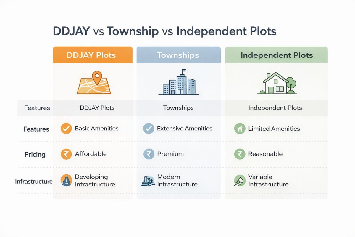 comparison DDJAY vs township vs independent plots Sohna infographic features benefits