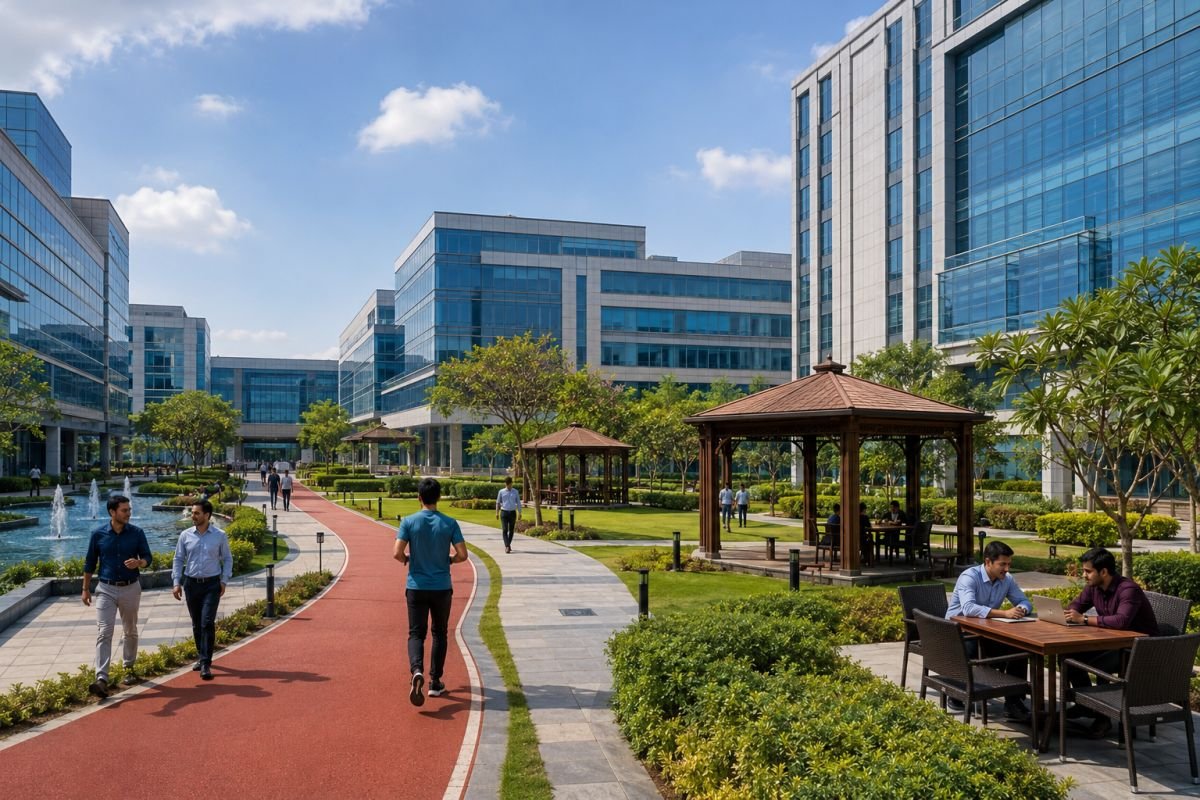 Landscaped open spaces and business campus environment at DLF Corporate Greens