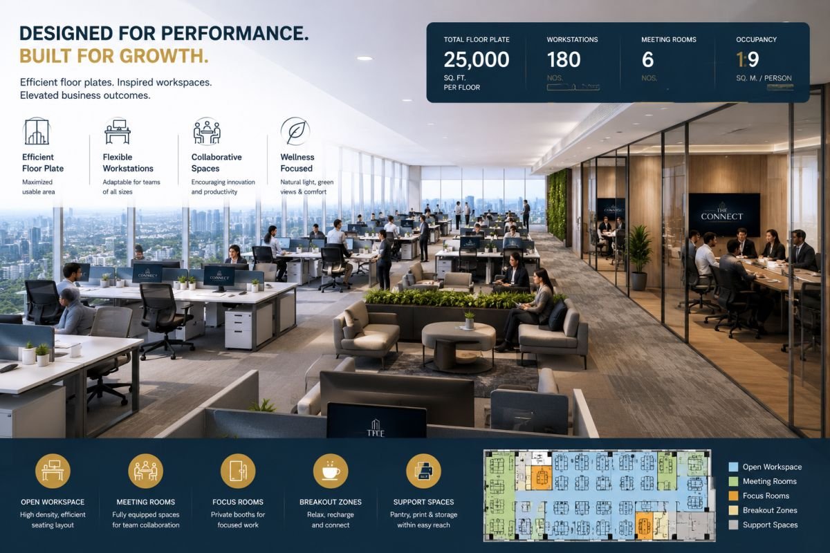 Modern office floor layout and workspace design at DLF Corporate Greens
